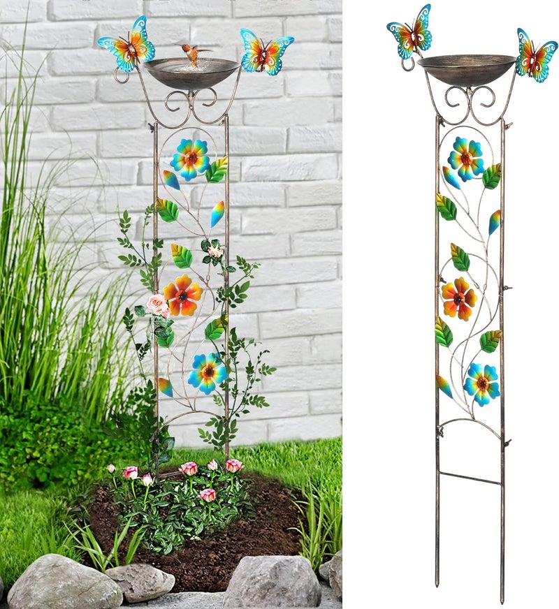 LEWIS&WAYNE Garden Trellis Bird Bath Outdoor, 40 Inch Antique Iron Garden Plant Trellis Decorative with Floral-Butterflies and Detachable Drinking Basin Bowl, Free Standing BirdBath Birdfeeder Station - Image 1